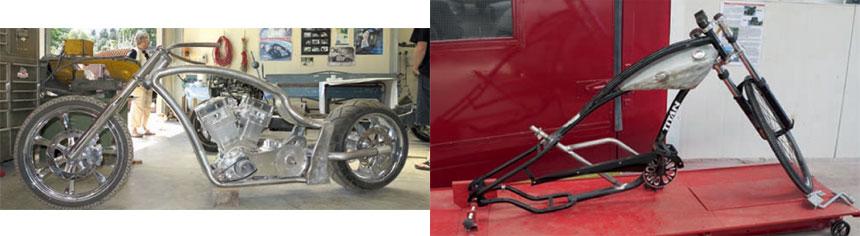 A tale of two choppers: the customer didn’t want his chopper (left) to look like a kitset bike, so he imported the Ultima 140cu.in. engine, six-speed trans and wheels, and had Big Shed Customs build the frame. The smaller project (right) is a pushbike for the upcoming Graperide bike race in Blenheim. Three guys bought choppers, are installing 50cc engines, and Mark is doing some fabrication work and has made the chopper style fuel tanks. Sure beats pedalling!